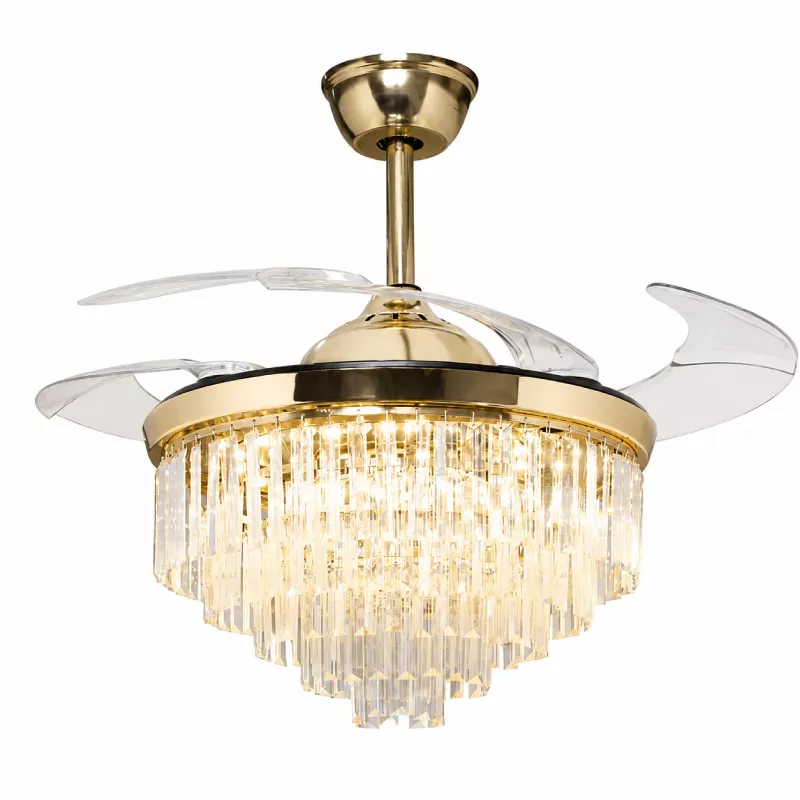 Quạt trần đèn, cánh xếp, phối khung pha lê cao cấp QT-279 - Hình ảnh 2