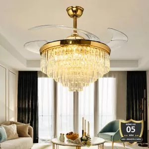 Quạt trần đèn, cánh xếp, phối khung pha lê cao cấp QT-279