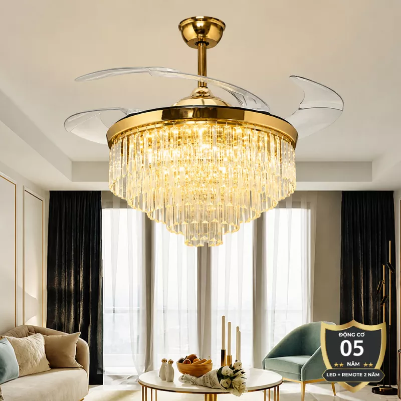 Quạt trần đèn, cánh xếp, phối khung pha lê cao cấp QT-279