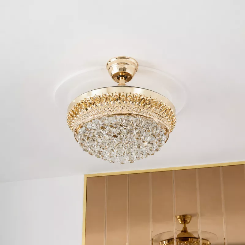 Quạt trần đèn, cánh xếp, phối khung pha lê cao cấp QT-280 - Hình ảnh 3