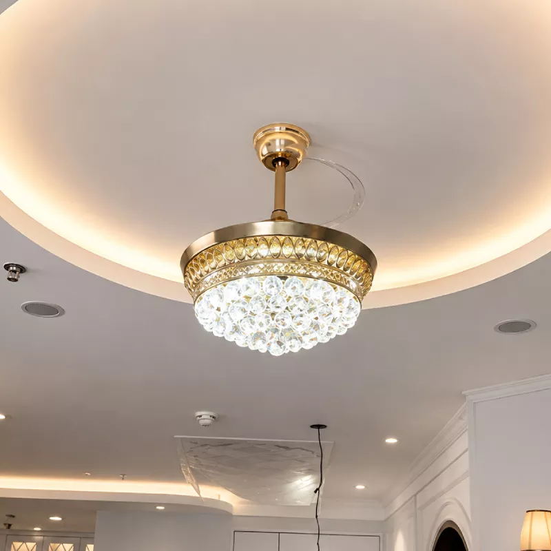 Quạt trần đèn, cánh xếp, phối khung pha lê cao cấp QT-280 - Hình ảnh 4