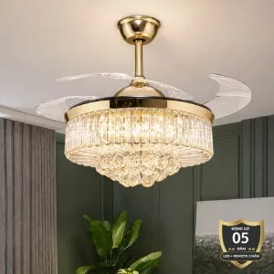 Quạt trần đèn, cánh xếp, phối khung pha lê cao cấp QT-281