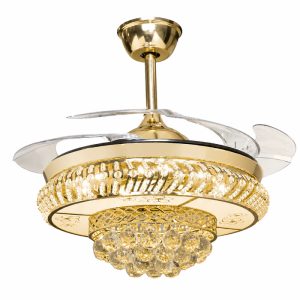 Quạt trần đèn, cánh xếp, phối khung pha lê cao cấp QT-282