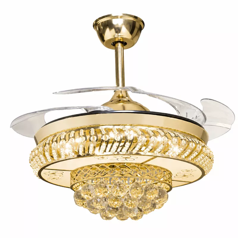 Quạt trần đèn, cánh xếp, phối khung pha lê cao cấp QT-282 - Hình ảnh 2
