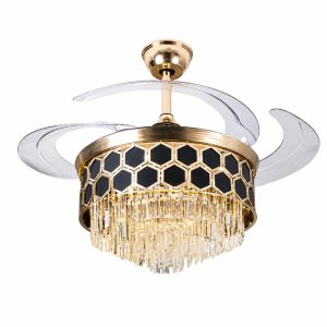 Quạt trần đèn, cánh xếp, phối khung pha lê cao cấp QT-283