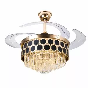 Quạt trần đèn, cánh xếp, phối khung pha lê cao cấp QT-283