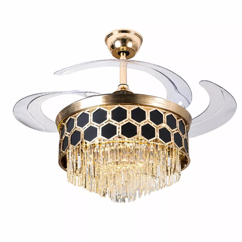 Quạt trần đèn, cánh xếp, phối khung pha lê cao cấp QT-283 - Hình ảnh 2
