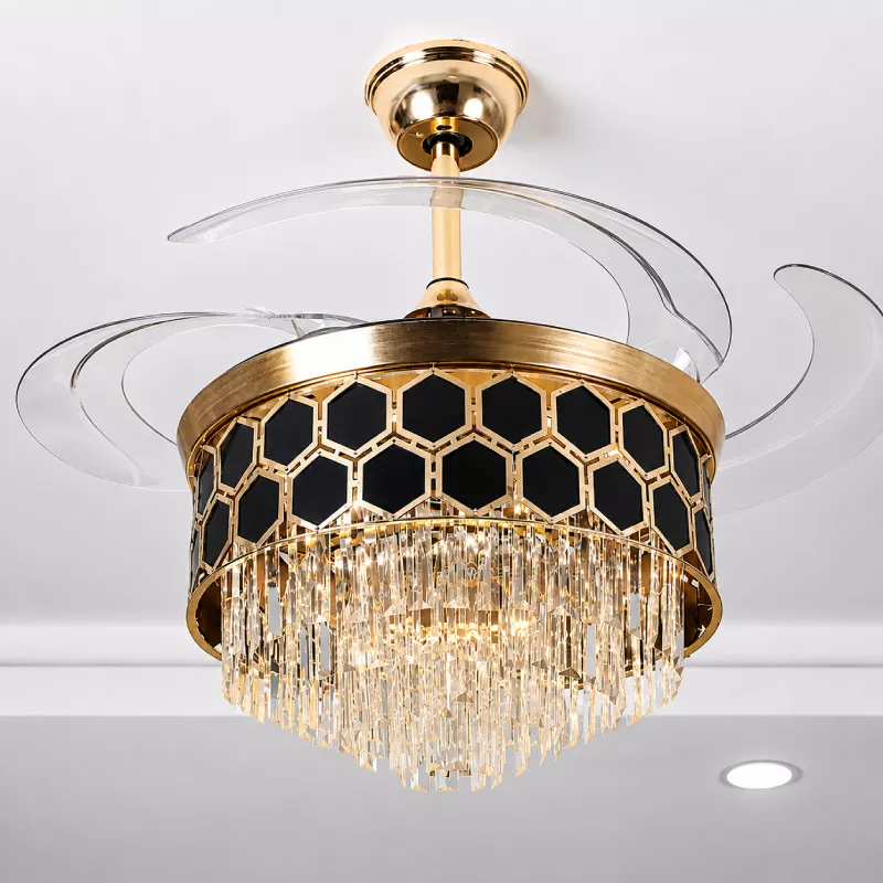 Quạt trần đèn, cánh xếp, phối khung pha lê cao cấp QT-283 - Hình ảnh 3