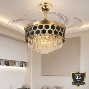 Quạt trần đèn, cánh xếp, phối khung pha lê cao cấp QT-283