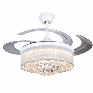 Quạt trần đèn, cánh xếp, phối khung pha lê cao cấp QT-284