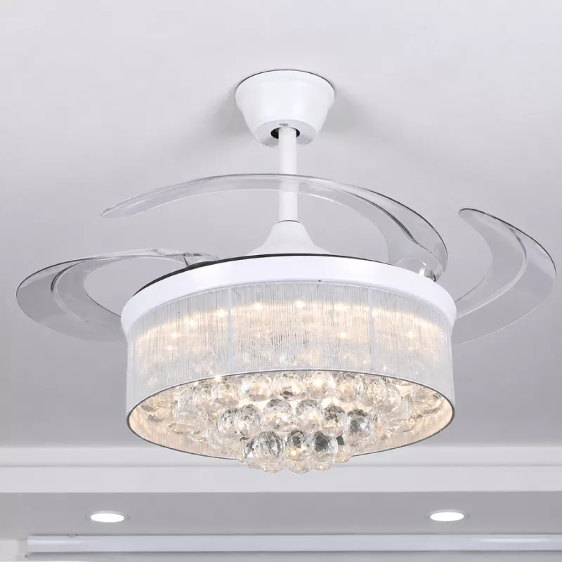 Quạt trần đèn, cánh xếp, phối khung pha lê cao cấp QT-284 - Hình ảnh 3