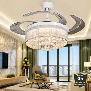 Quạt trần đèn, cánh xếp, phối khung pha lê cao cấp QT-284