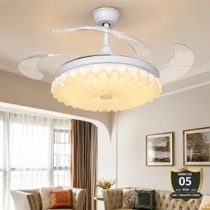 Quạt trần đèn, cánh xếp, phối khung pha lê cao cấp QT-285