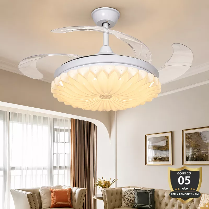 Quạt trần đèn, cánh xếp, phối khung pha lê cao cấp QT-285